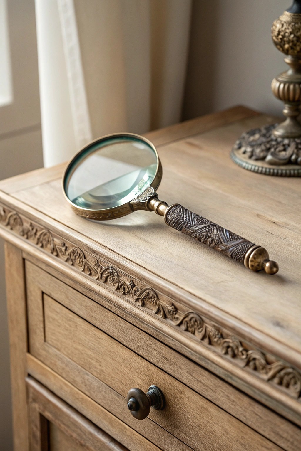 Elevate your dresser with an unexpected touch—a vintage magnifying glass for timeless charm.