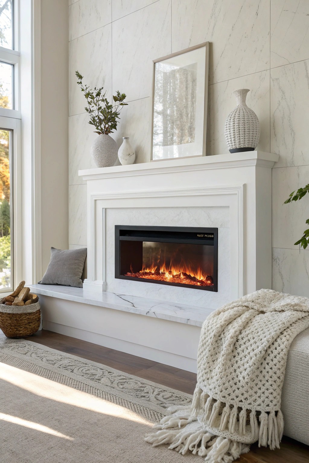 Cloud-like calm: an all-white electric fireplace wall for serene, cozy vibes.
