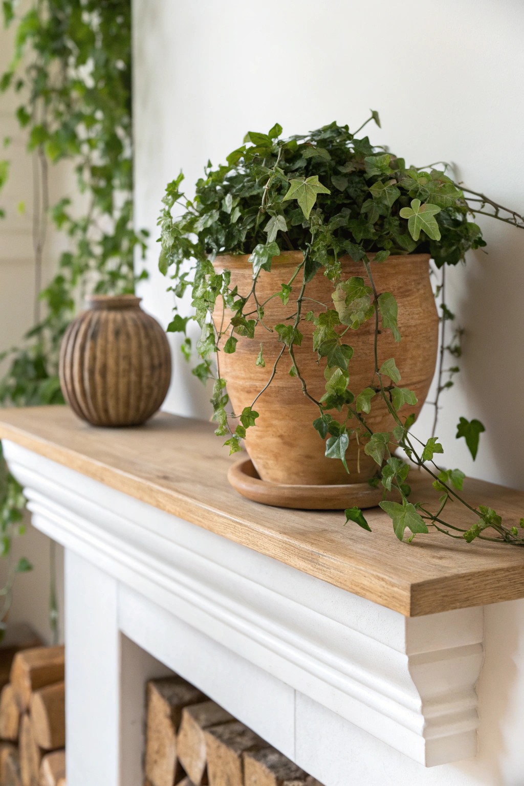Elevate your hearth with simple greenery for a fresh, natural touch.