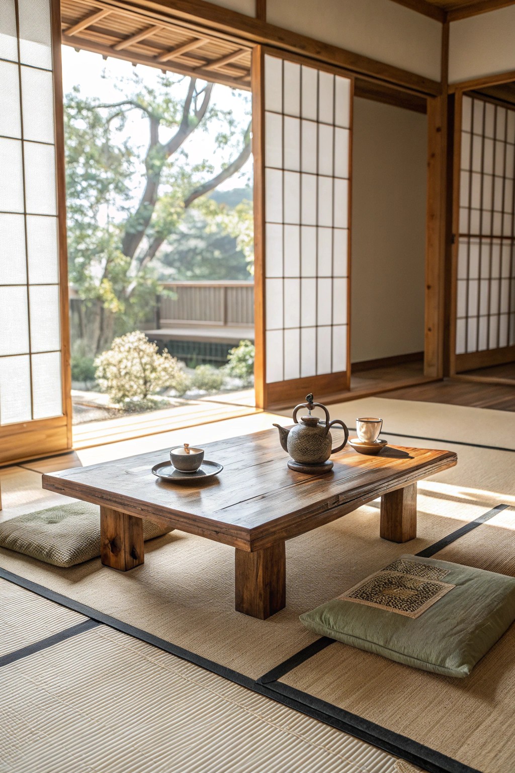 Transform your garage into a minimalist Zen retreat with a handcrafted chabudai centerpiece.