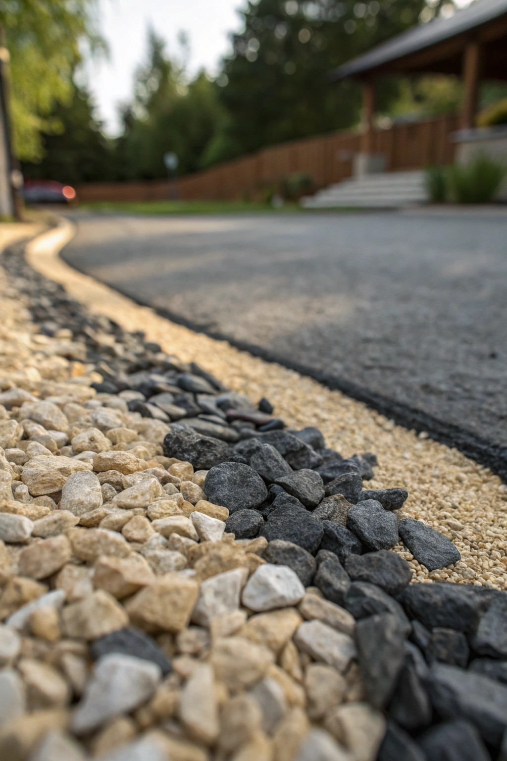 Elevate your curb appeal with a stunning two-tone gravel and crushed stone driveway.