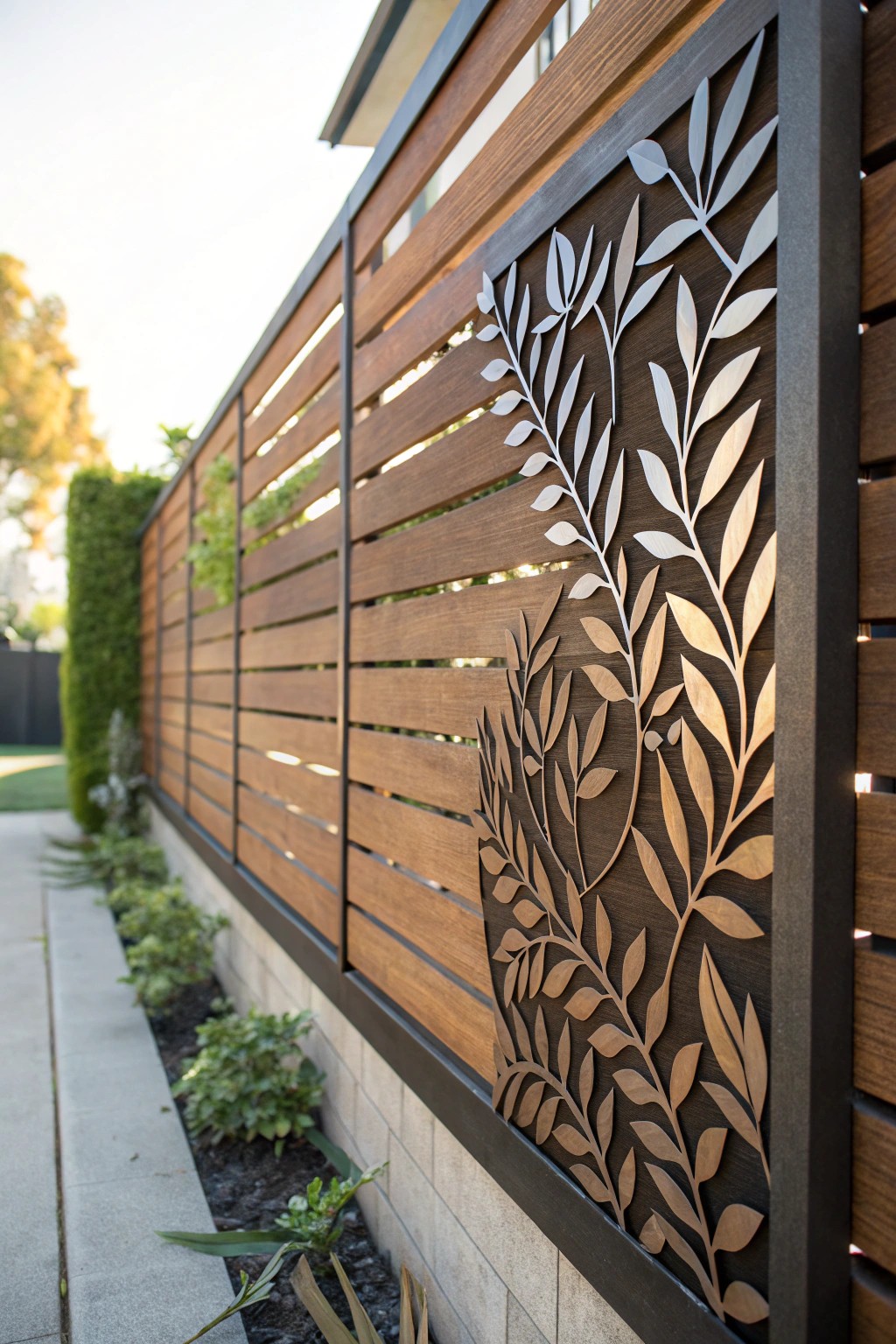 Bring artistry to your backyard with custom cut-out panels in your horizontal fence.