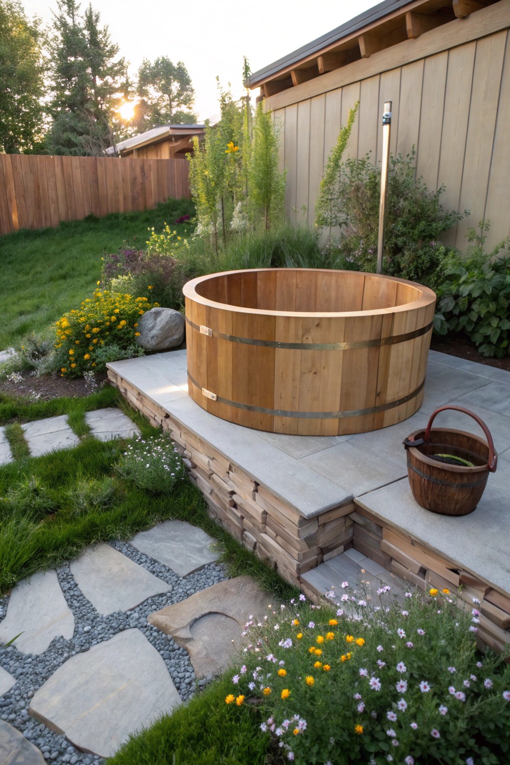 A sunken wooden hot tub tucked behind a raised flower bed—privacy meets natural elegance.