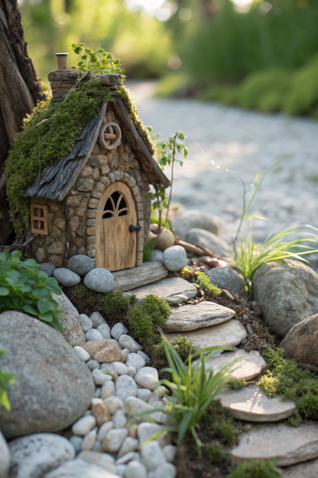 A whimsical fairy house hideaway, tucked among rocks—a magical surprise for your garden.