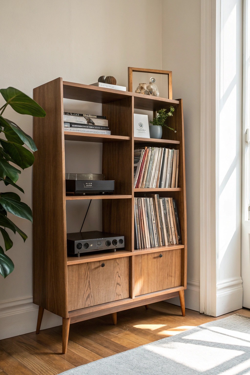 Elevate your living room with a stunning mid-century modern vinyl or book wall display.