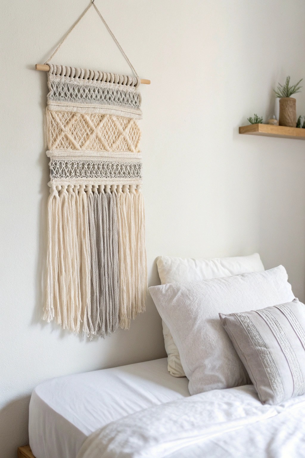 Elevate your minimalist bedroom with timeless fiber art.