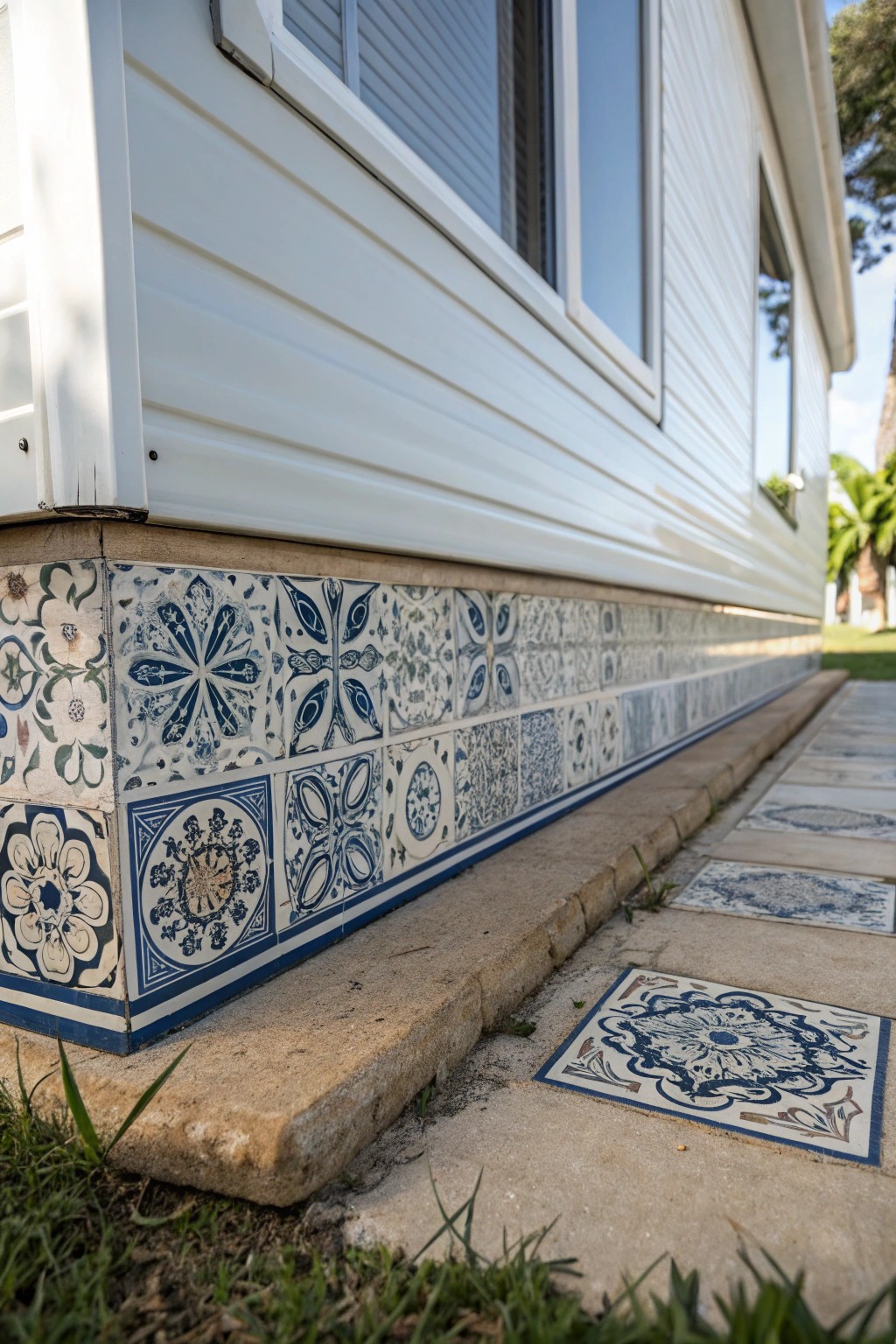Elevate your mobile home with Mediterranean tile skirting—where craftsmanship meets vacation vibes.
