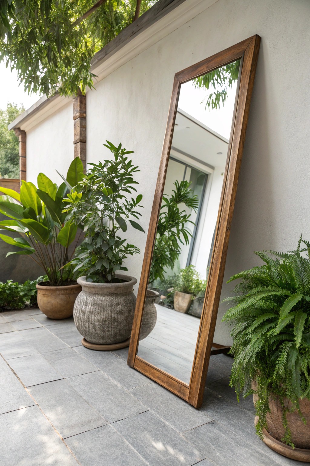 Elevate your grassless backyard with a stunning outdoor mirror accent.