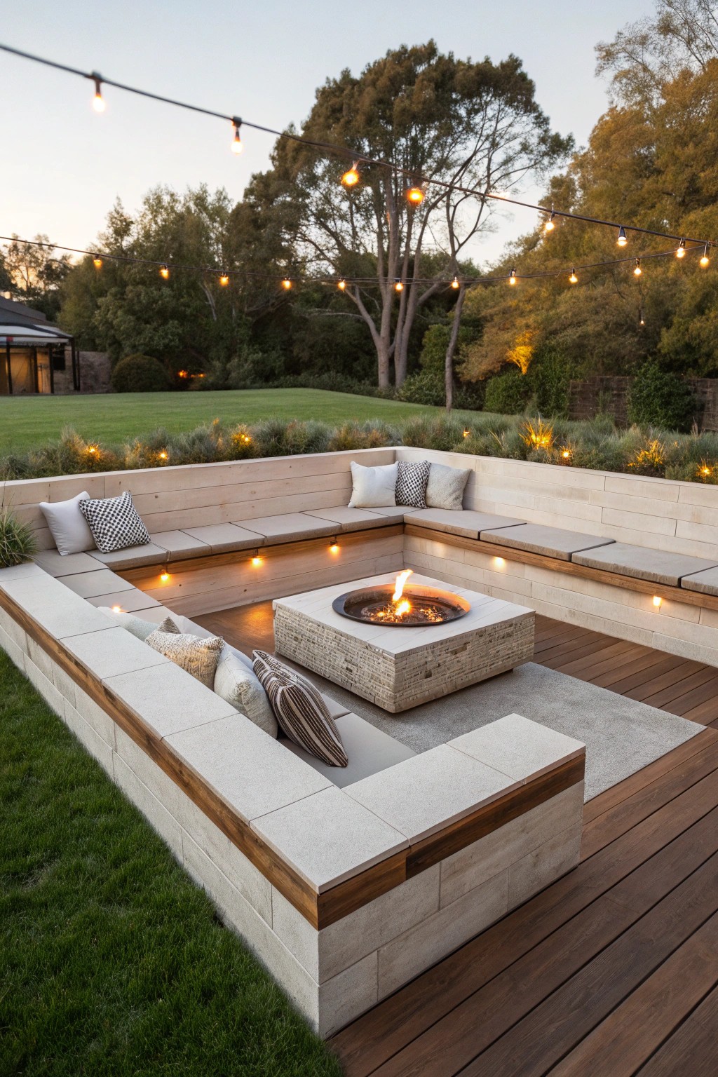 Cozy up in a modern sunken conversation pit—where style meets comfort under the open sky.