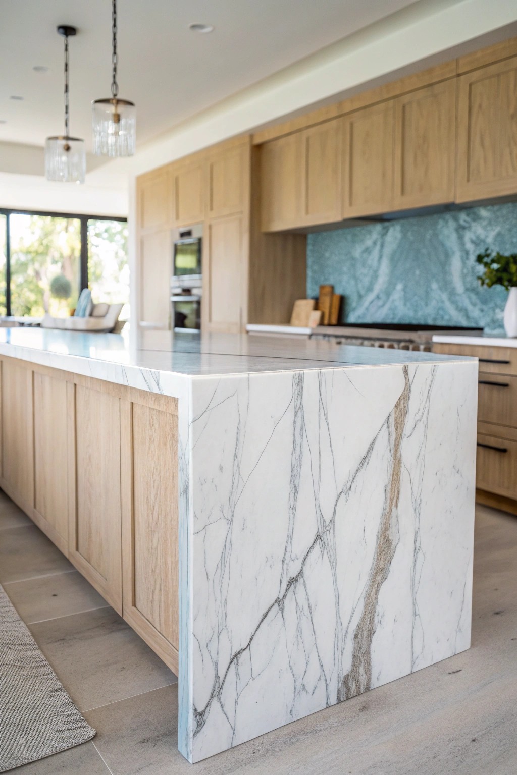 Sculptural beauty: a marble waterfall island transforms the coastal kitchen.