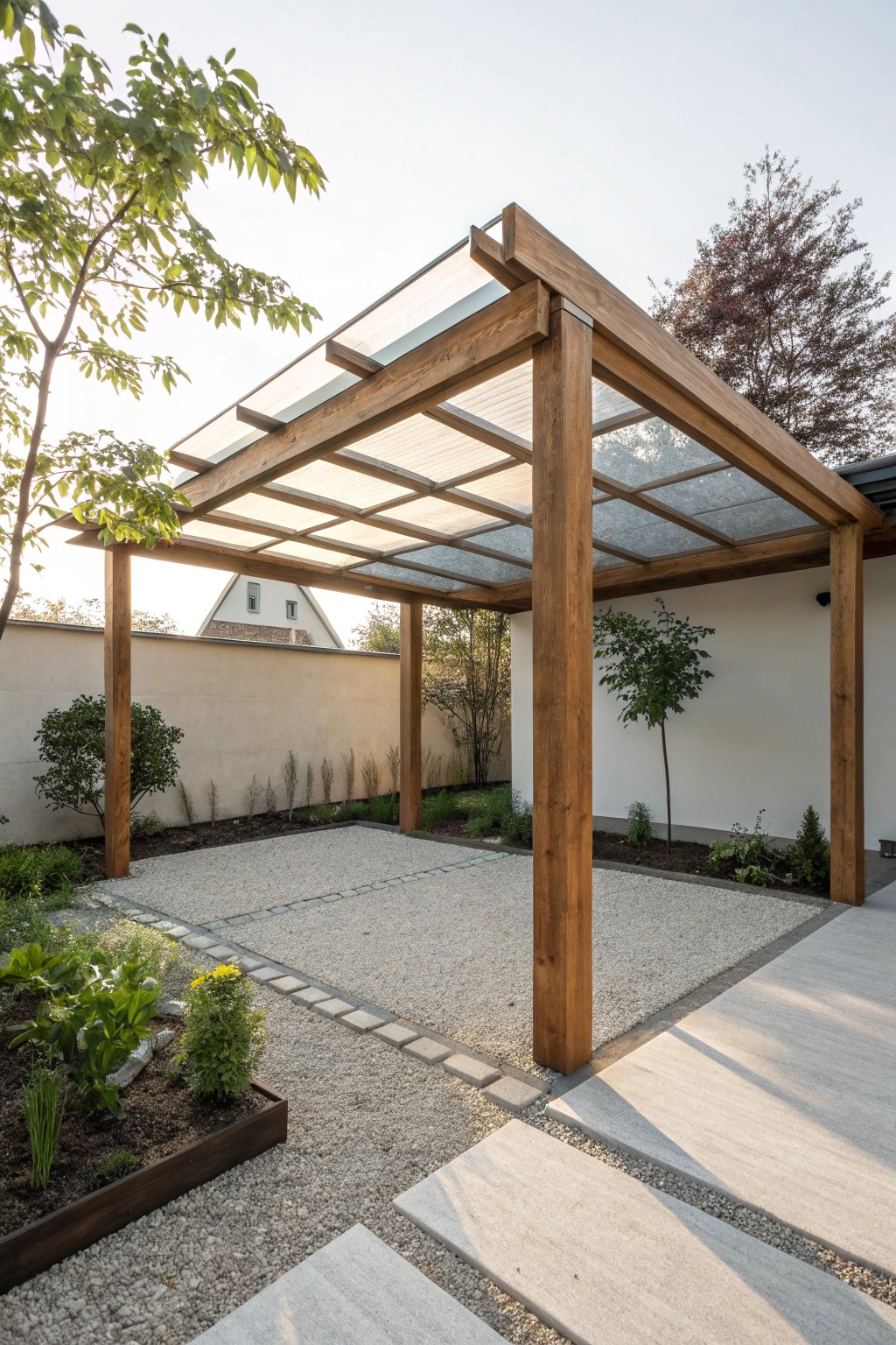 Embrace natural light with a stunning pergola featuring a transparent roof—where shelter meets sky.
