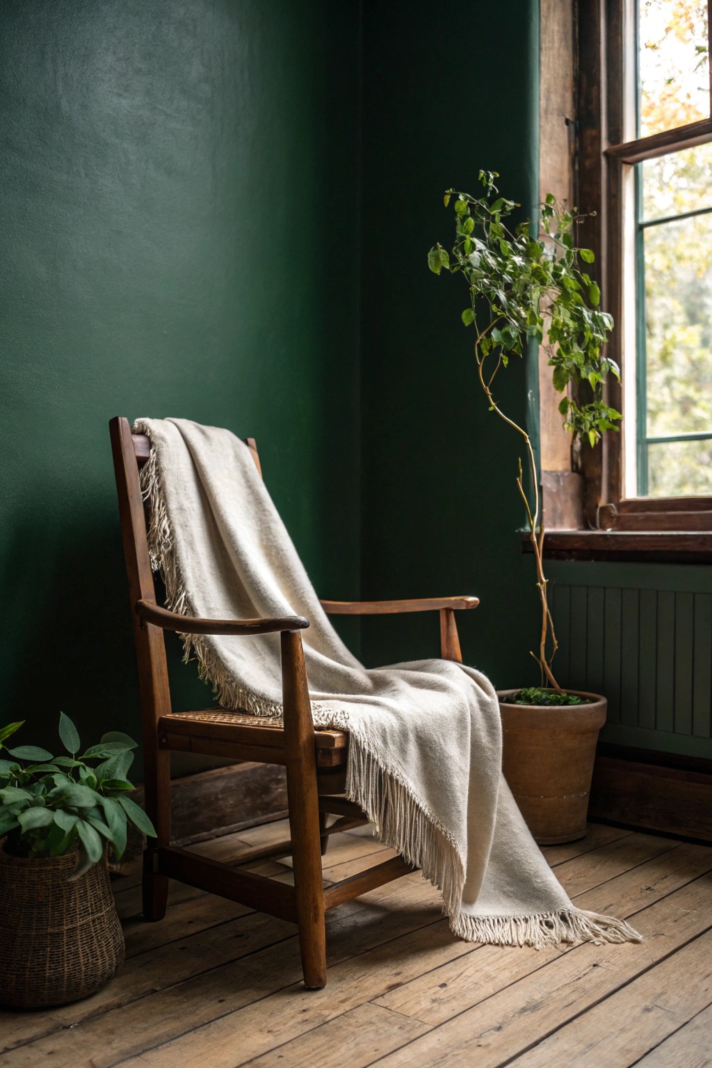 Embrace moody serenity: earthy green walls meet natural craftsmanship.