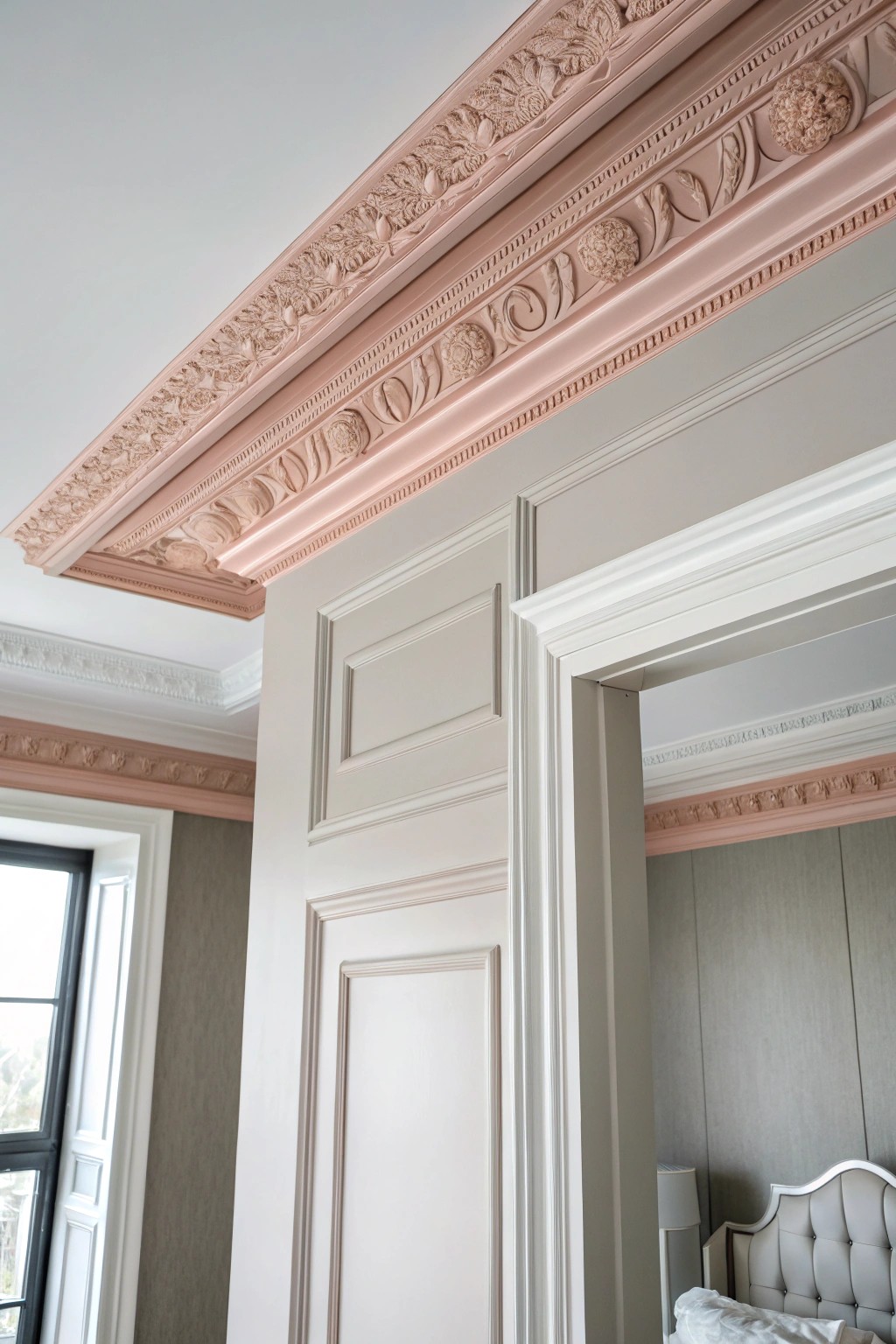 Blush pink moldings: a delicate touch that elevates every detail.