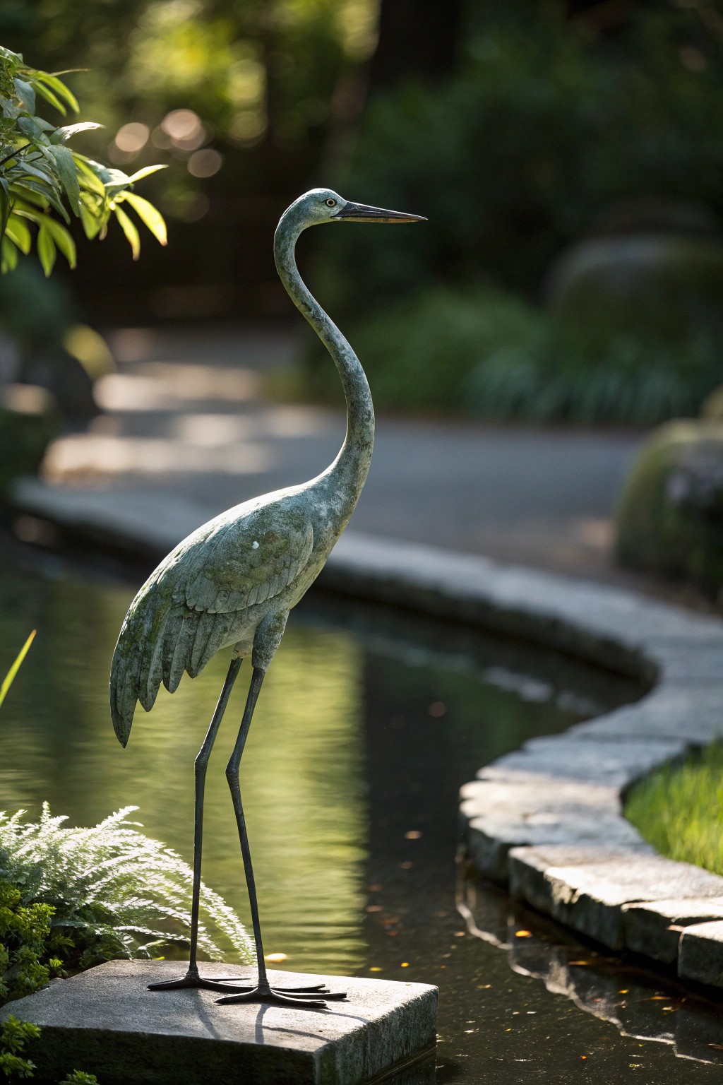 A sculptural crane adds artistic charm to a peaceful pond retreat.