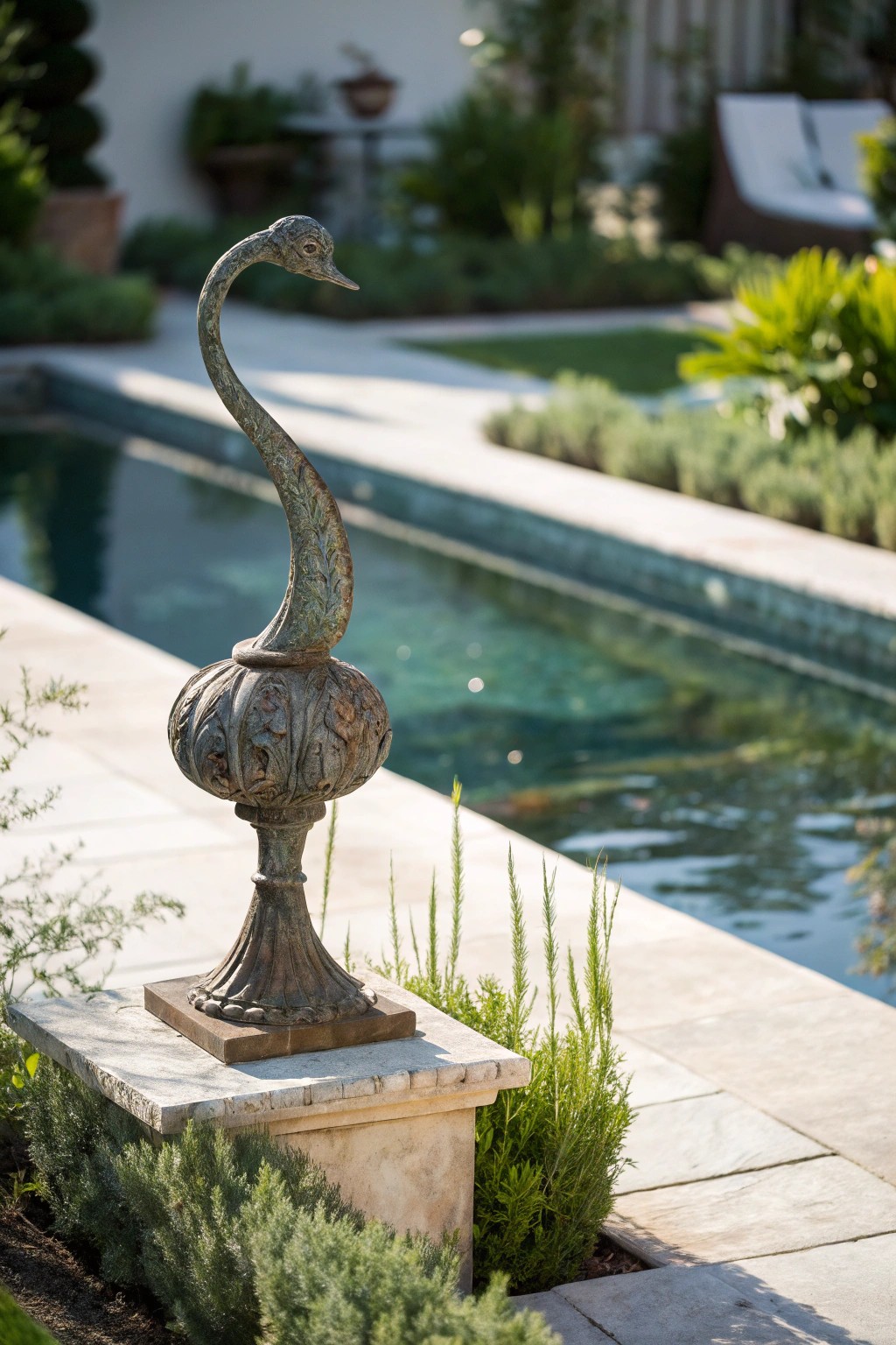 Elevate your poolside with a striking sculptural accent—artistry meets tranquility.