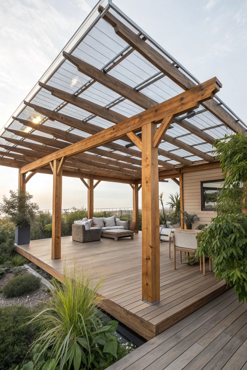Sustainable style: A pergola with a solar panel roof brings natural beauty and modern eco-friendly charm to your deck.