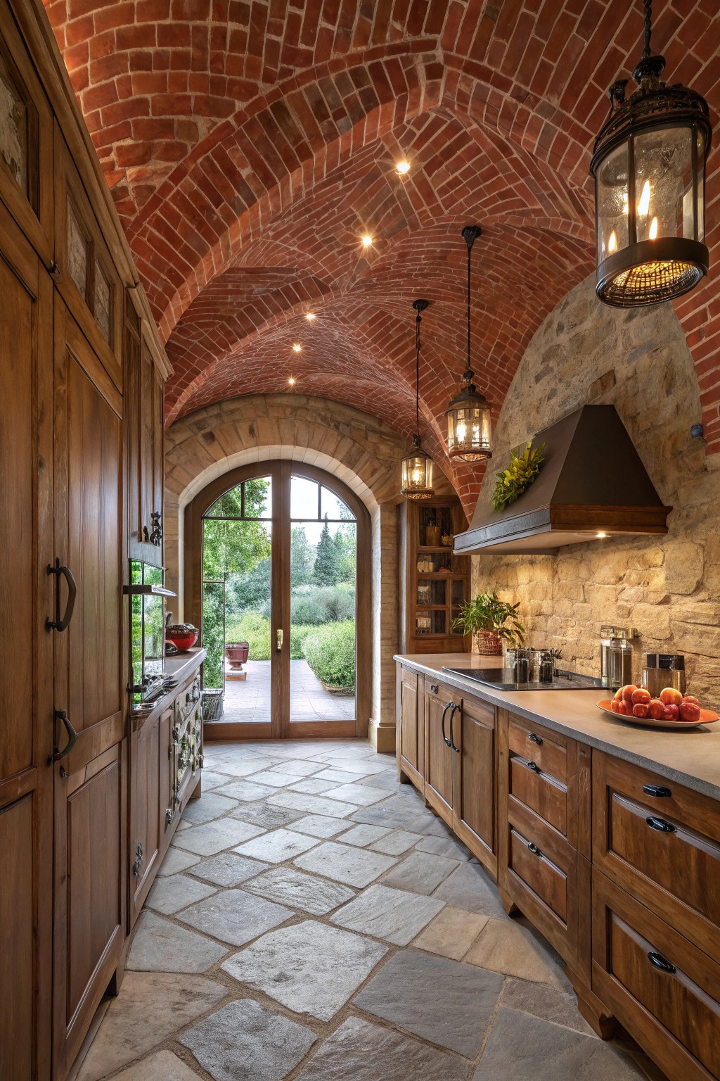 A brick ceiling or arch adds architectural drama to rustic kitchens.