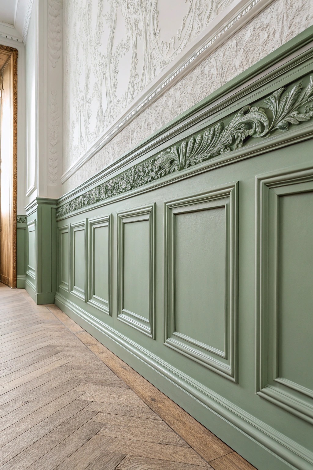 Elevate your bedroom with handcrafted sage green wainscoting for a timeless, serene look.
