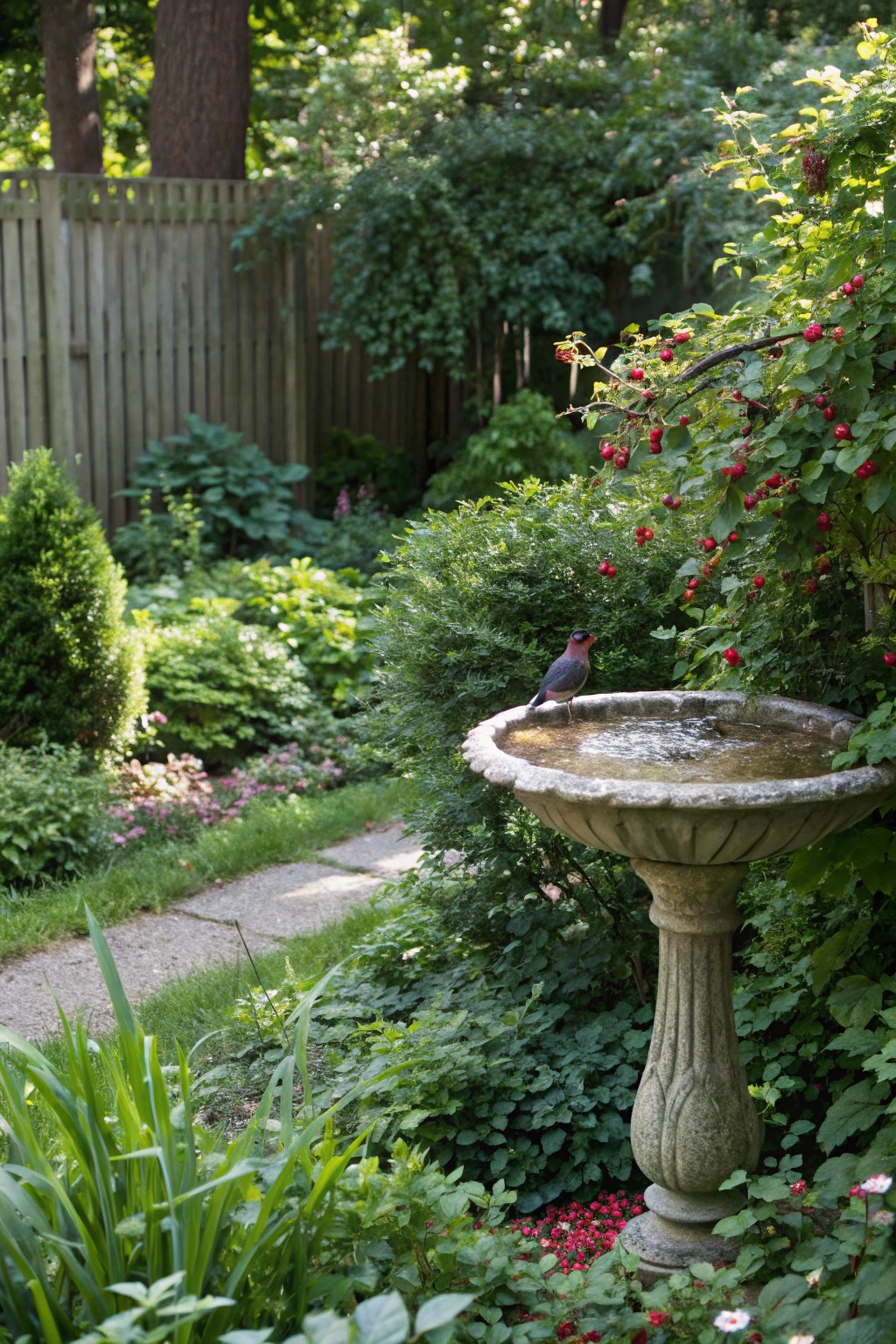A wildlife-friendly shade garden invites birds and pollinators to visit.