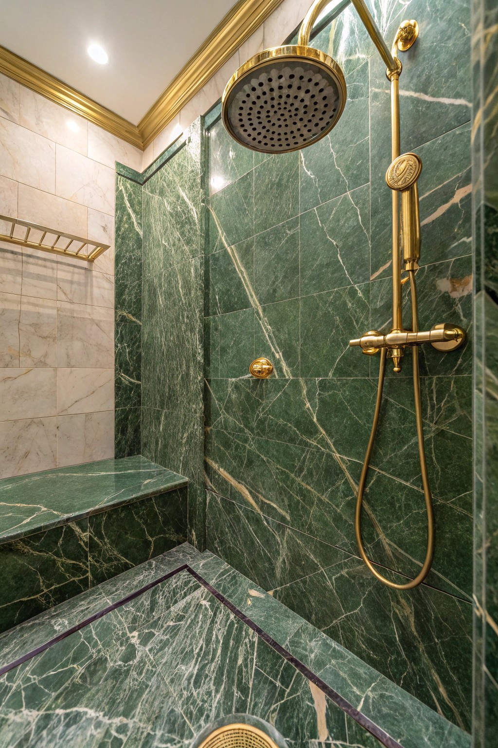 Green marble floors turn your shower into a statement sanctuary.