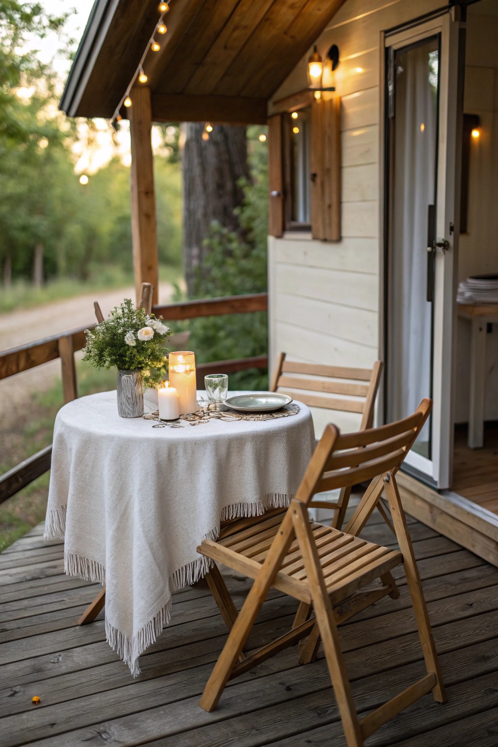 Create a serene outdoor dining nook with simple, natural elegance.
