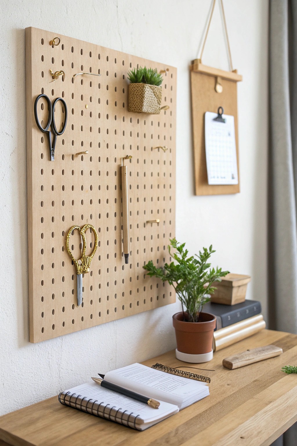 Elevate your workspace with a stylish pegboard for effortless organization.