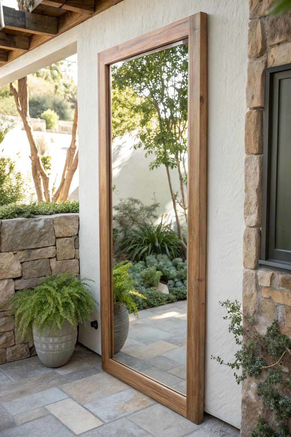 A simple outdoor mirror transforms a small patio into a bright, spacious retreat.