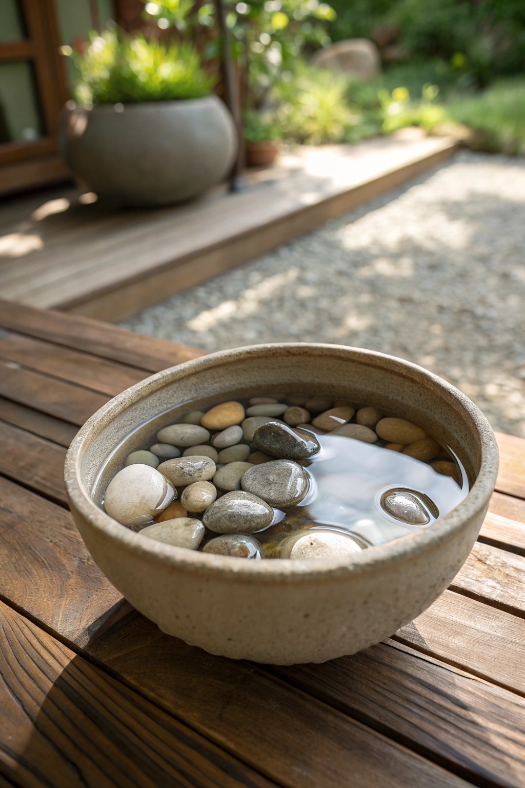 A simple tabletop water bowl brings tranquil charm to a cozy porch.