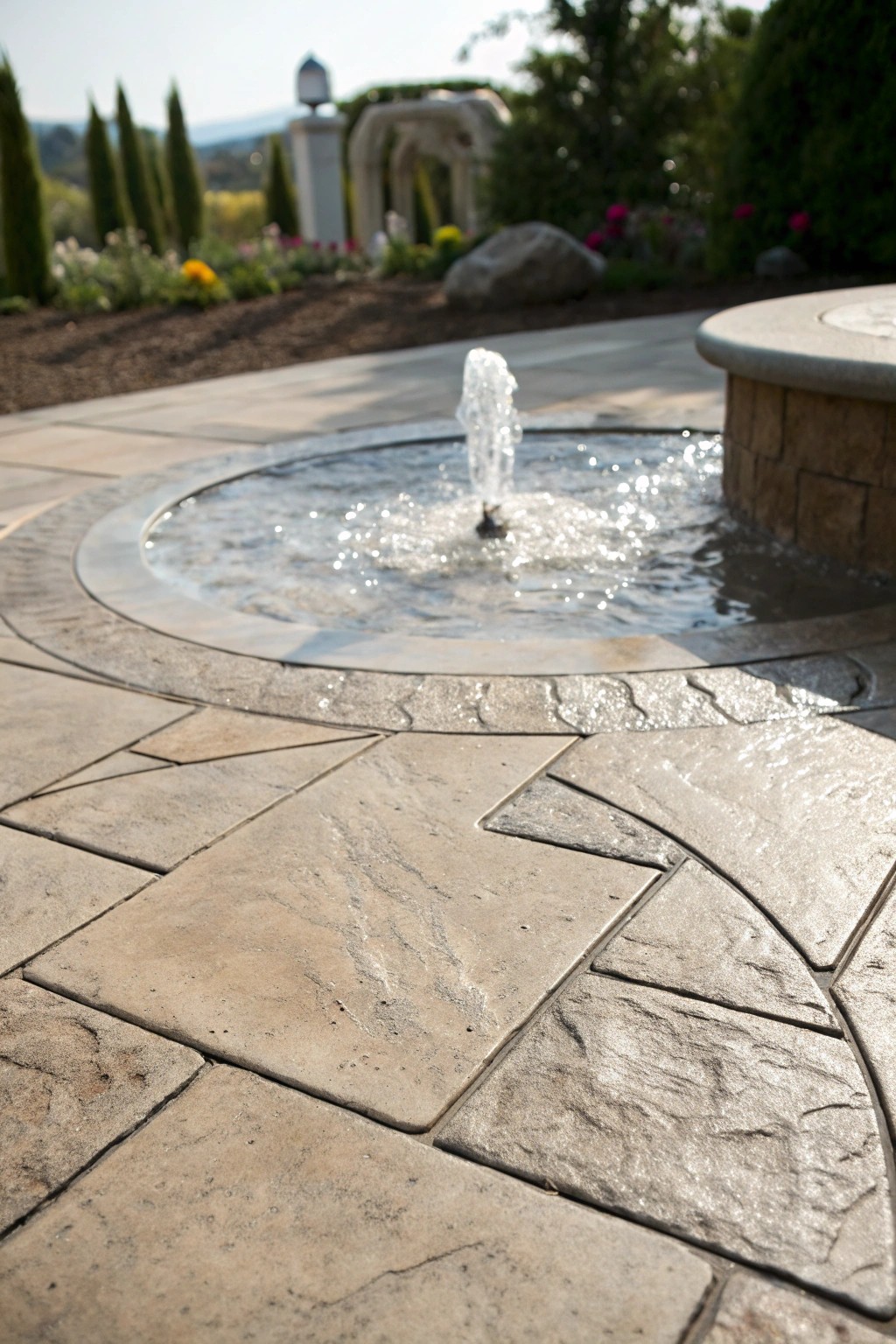 A hidden bubbling fountain brings quiet luxury to stamped concrete patios.