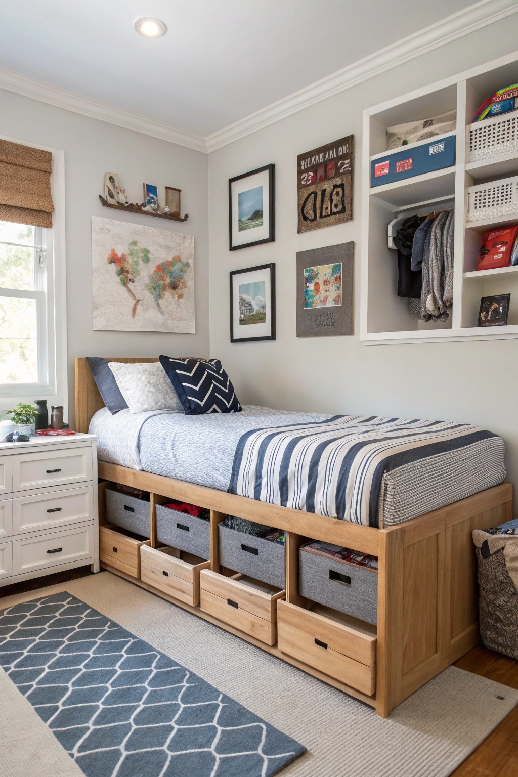 Smart storage solutions keep belongings organized and accessible.