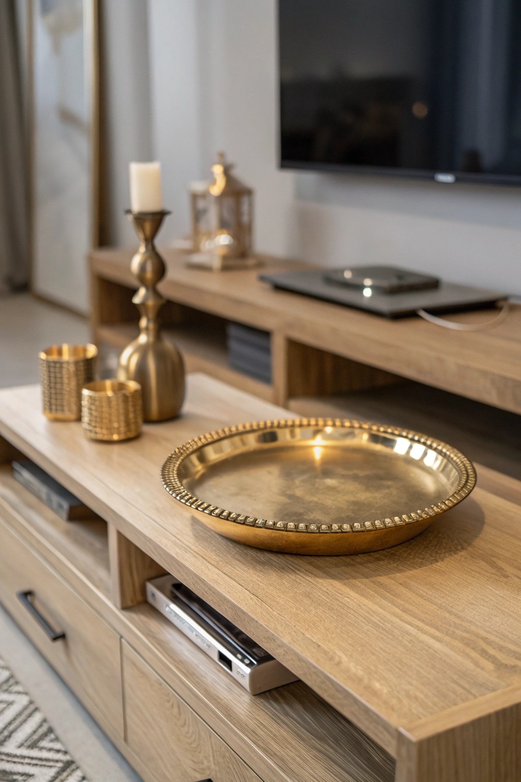 Let your TV stand shine with a single brass accent—simple, elegant, and striking.