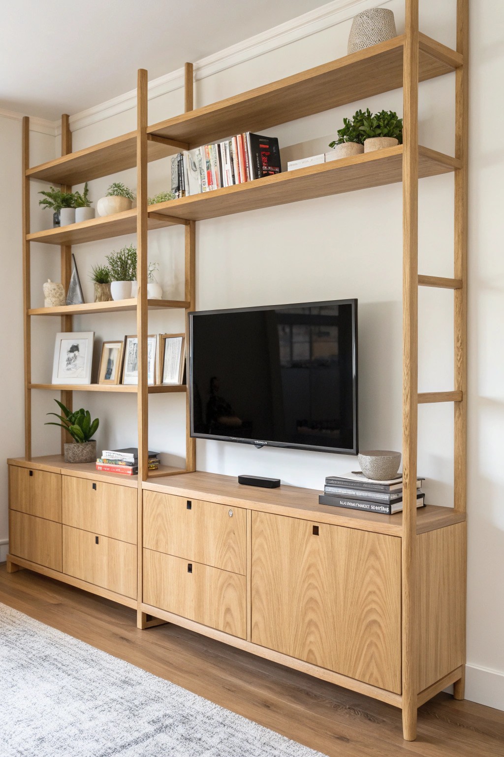 Elevate your TV wall with a minimalist modular shelving system—where beauty meets function.
