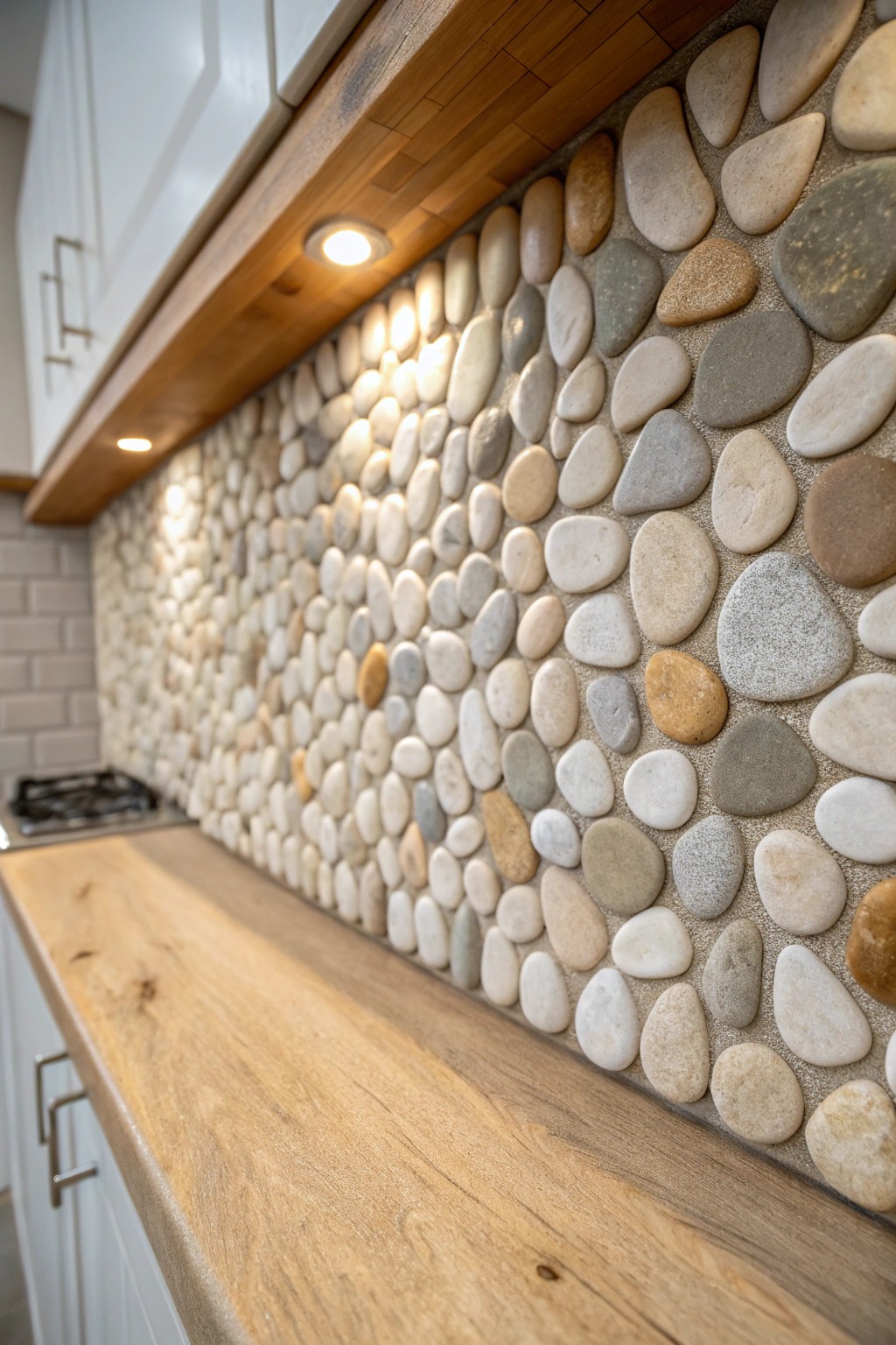 Bring calming, natural elegance to your kitchen with a mosaic pebble stone backsplash.