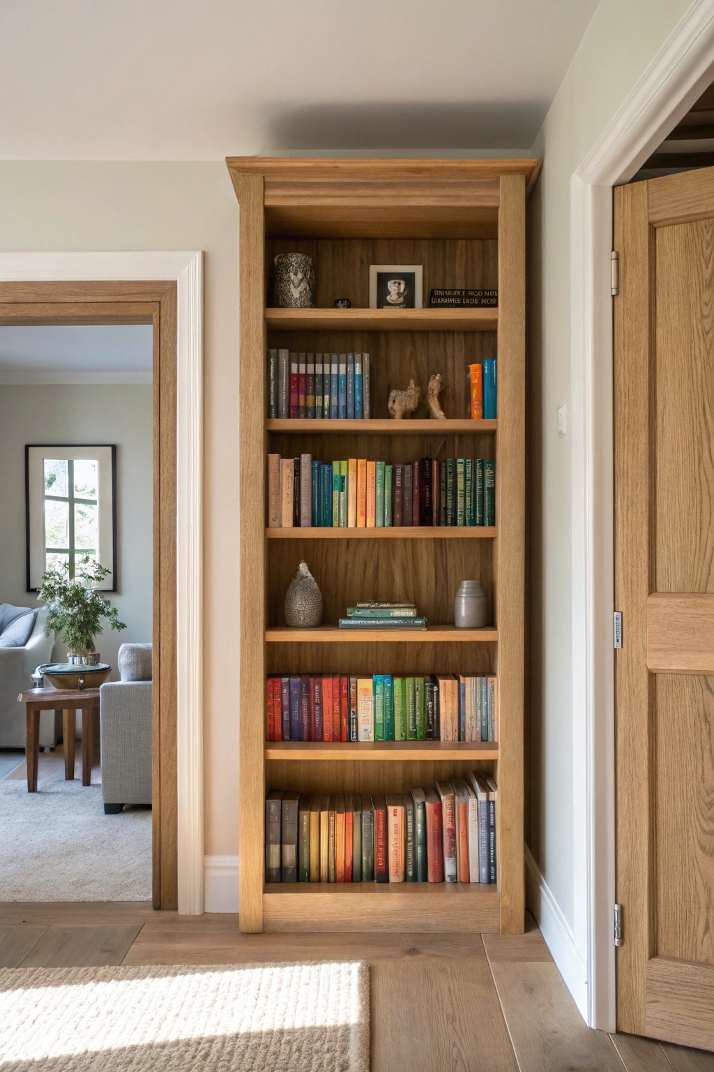 A serene doorway framed by floor-to-ceiling bookshelves—where craftsmanship and your favorite stories meet.