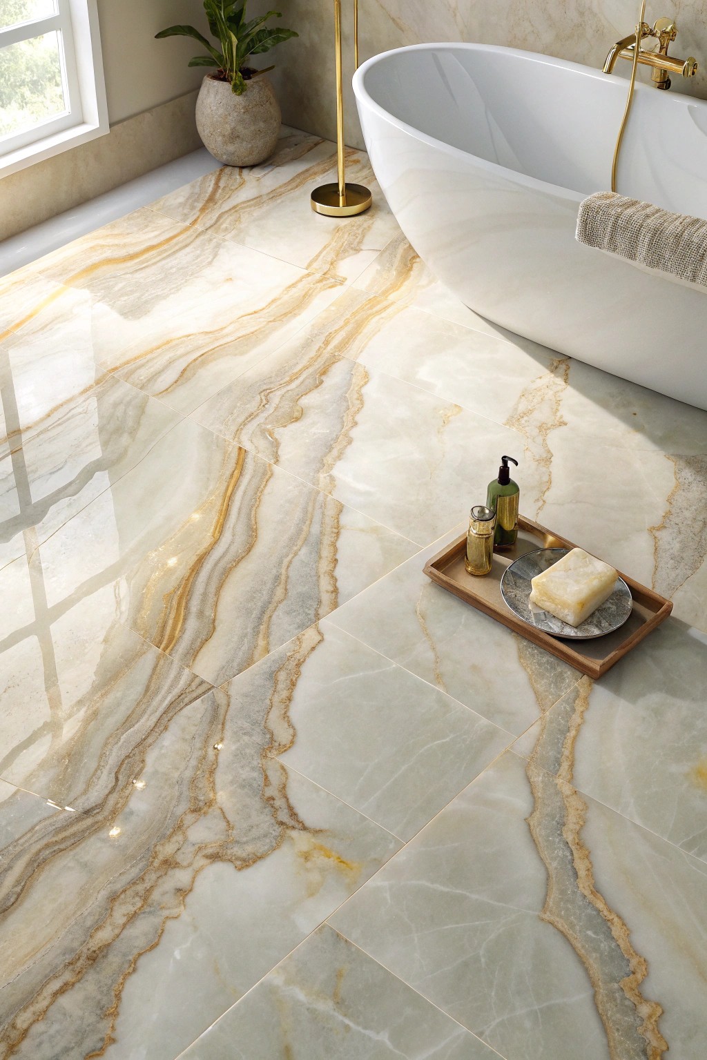 Elevate your bathroom with the breathtaking beauty of onyx-effect flooring.