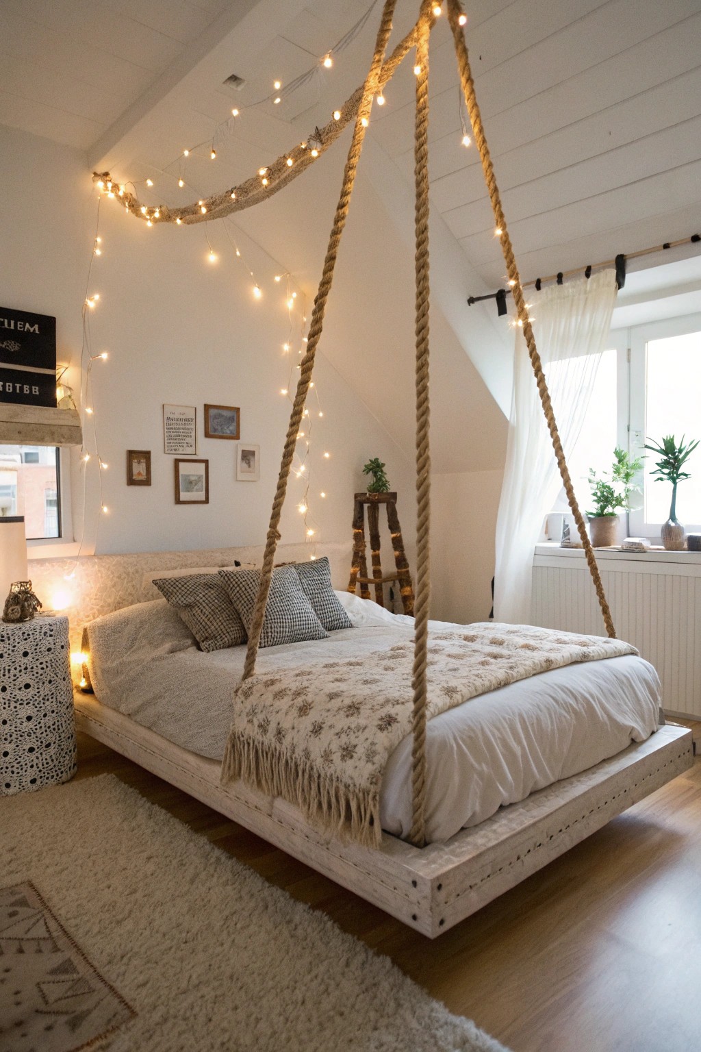 A rope-hung bed offers a whimsical and bold twist on bedroom design.
