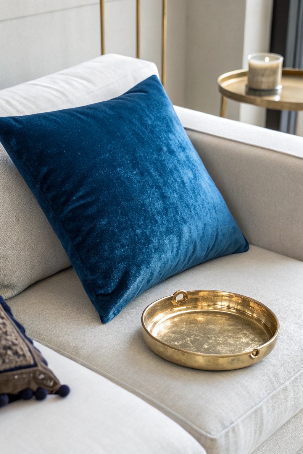 Elevate your blue living room with luxe metallic accents and artisan details.