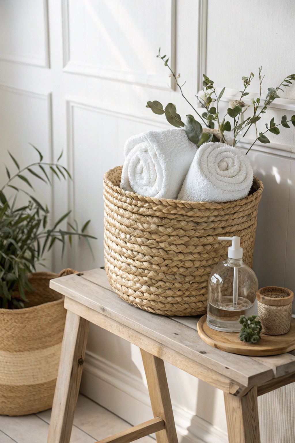 Chic & Simple: A beautiful woven basket keeps bathroom essentials organized and stylish.