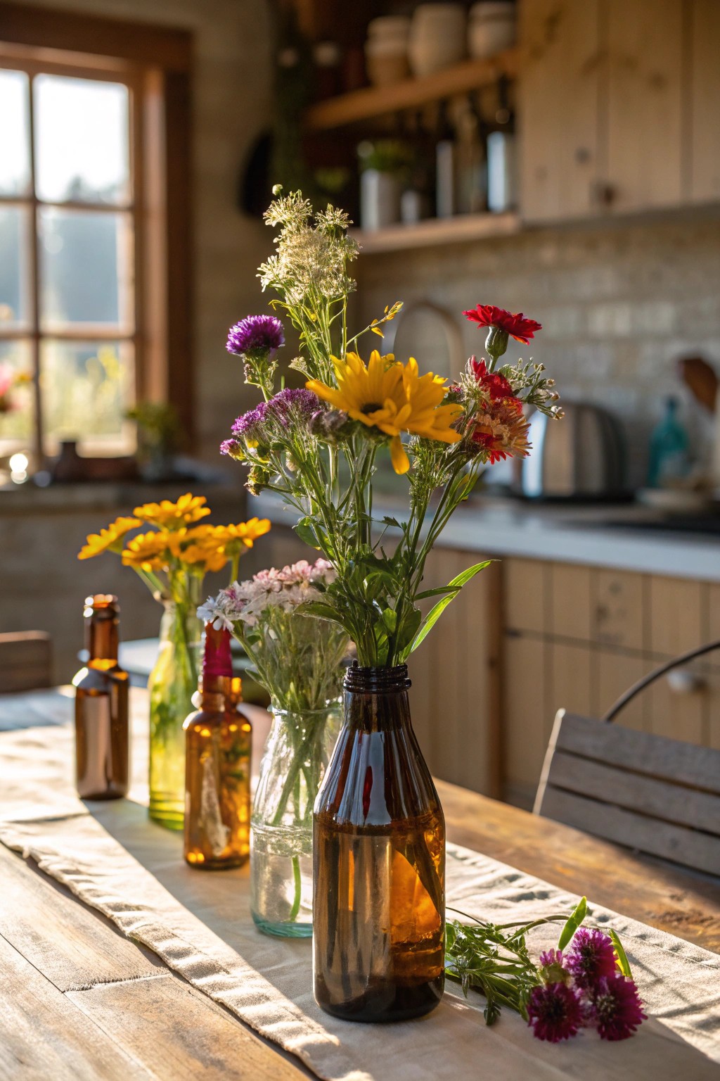 Upcycled bottles and wildflowers bring effortless, eco-friendly beauty to your table.