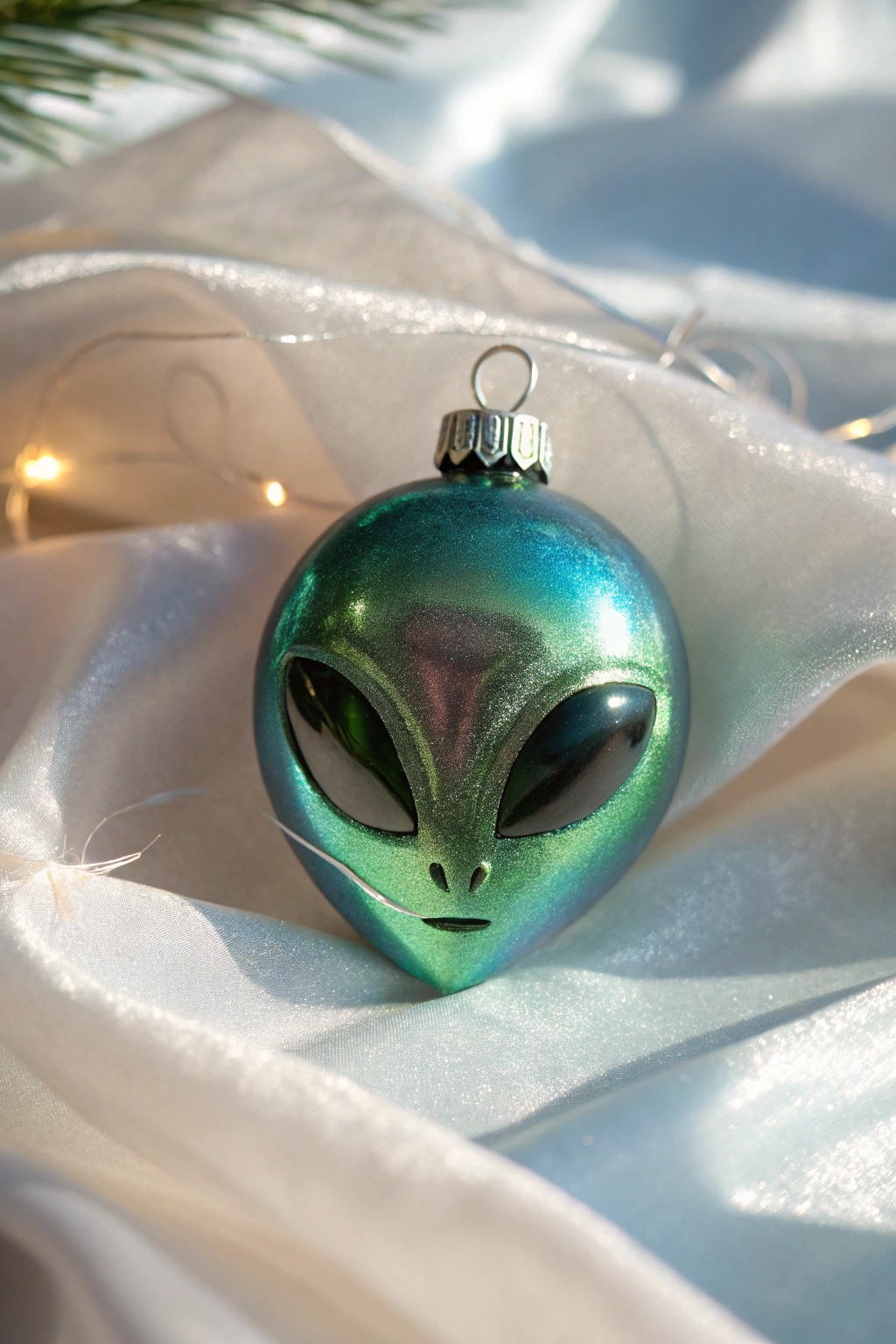 Bring a cosmic twist to Christmas with this elegant alien ornament.