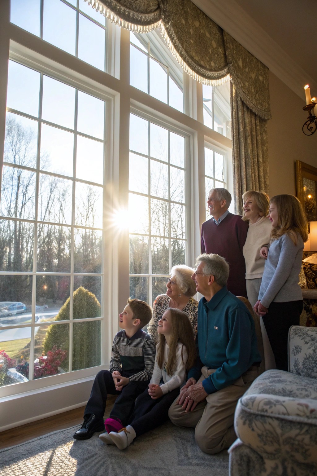 Soft window light creates a gentle, intimate family portrait.