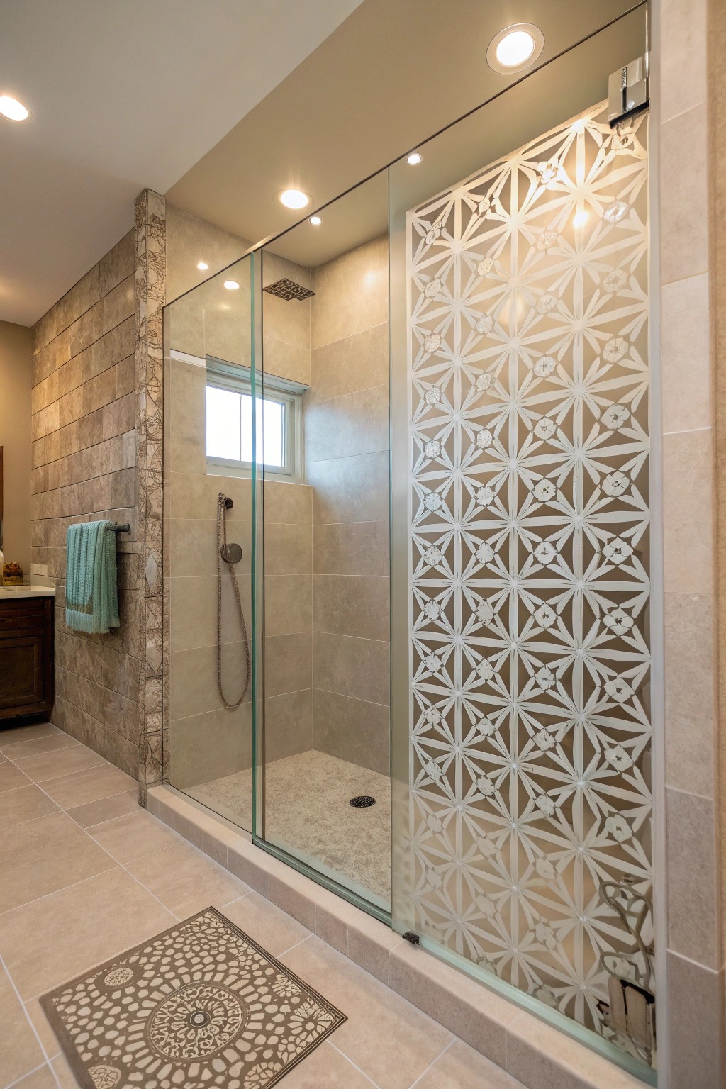Etched glass partitions turn the curbless shower into a striking art piece.