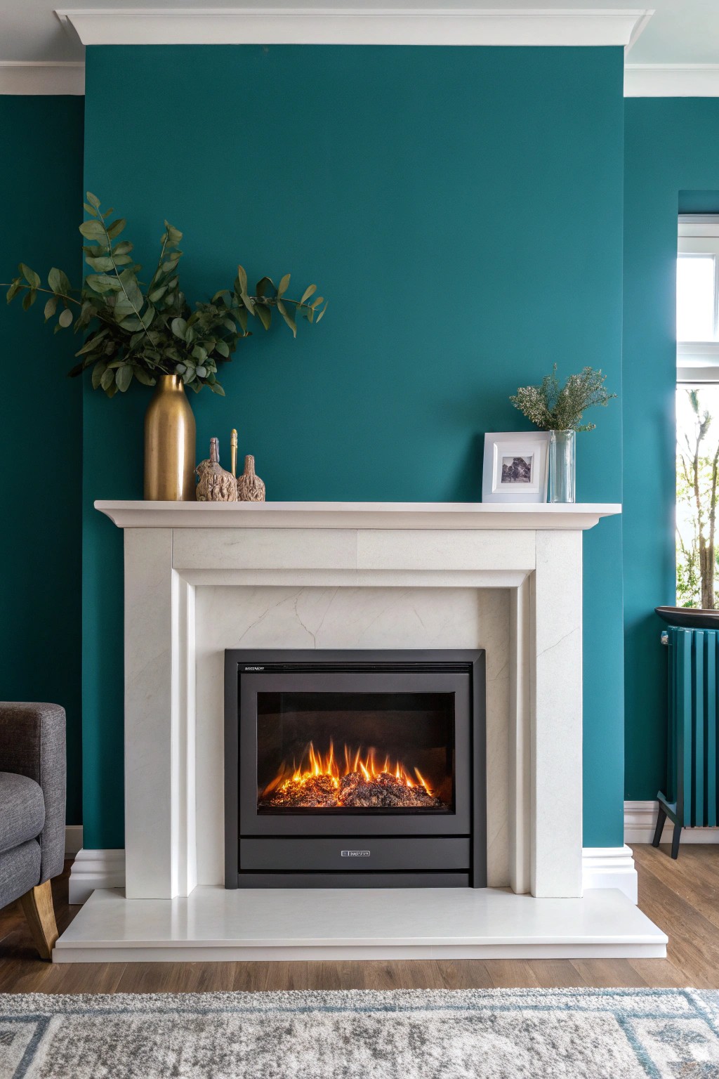 Bold teal transforms a simple electric fireplace into a cozy, eye-catching centerpiece.