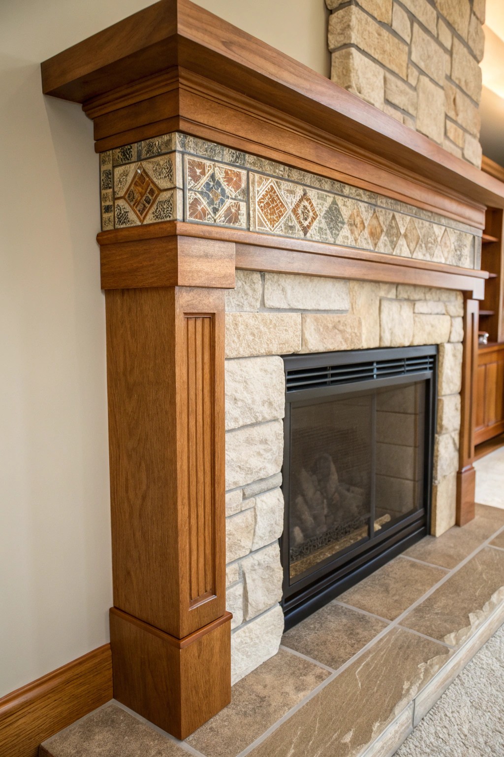 Elevate your hearth with a blend of stone, wood, and tile—where craftsmanship meets natural beauty.