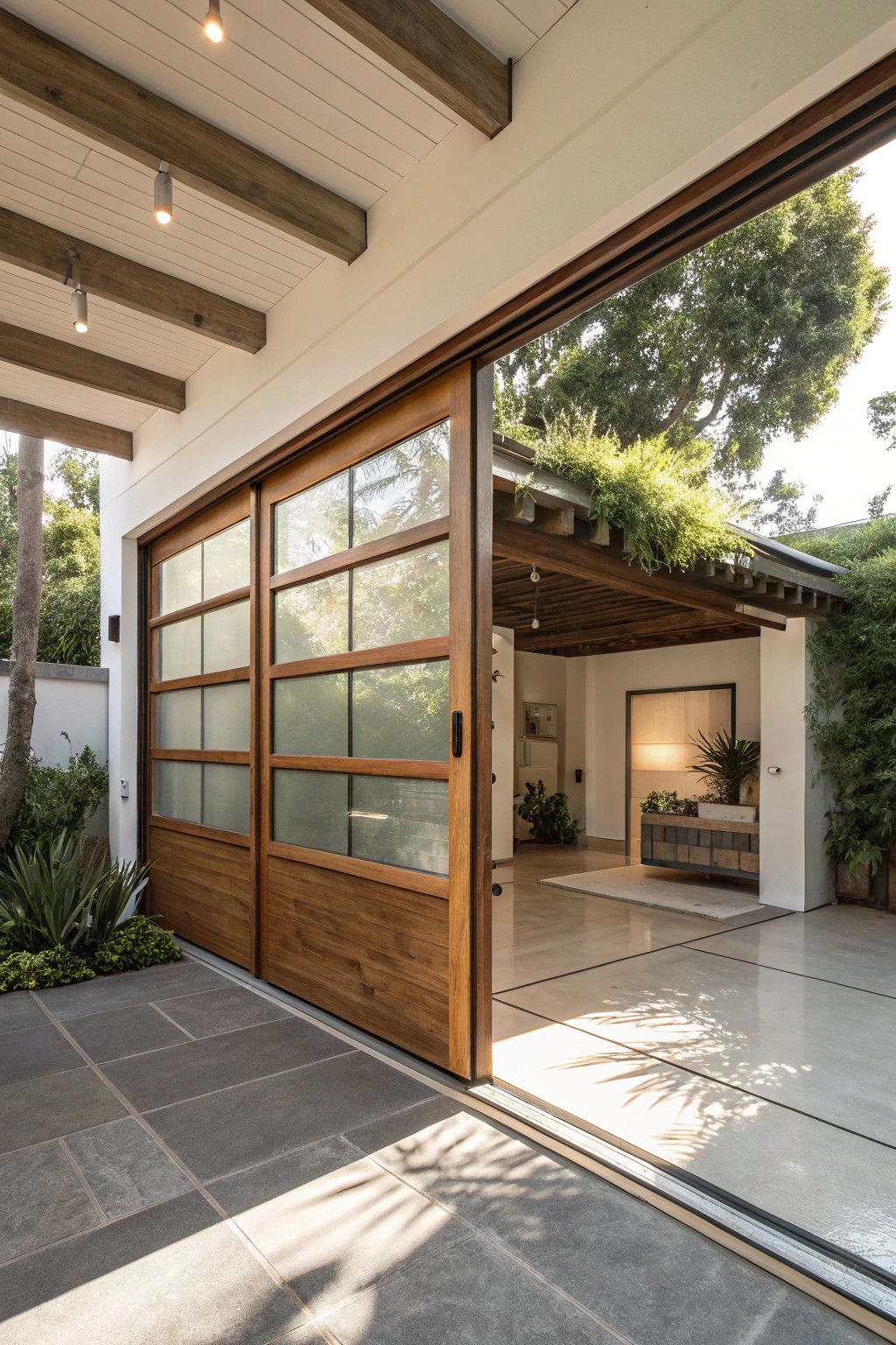 Effortless harmony: a handcrafted sliding garage door unites indoors with the beauty of the outdoors.