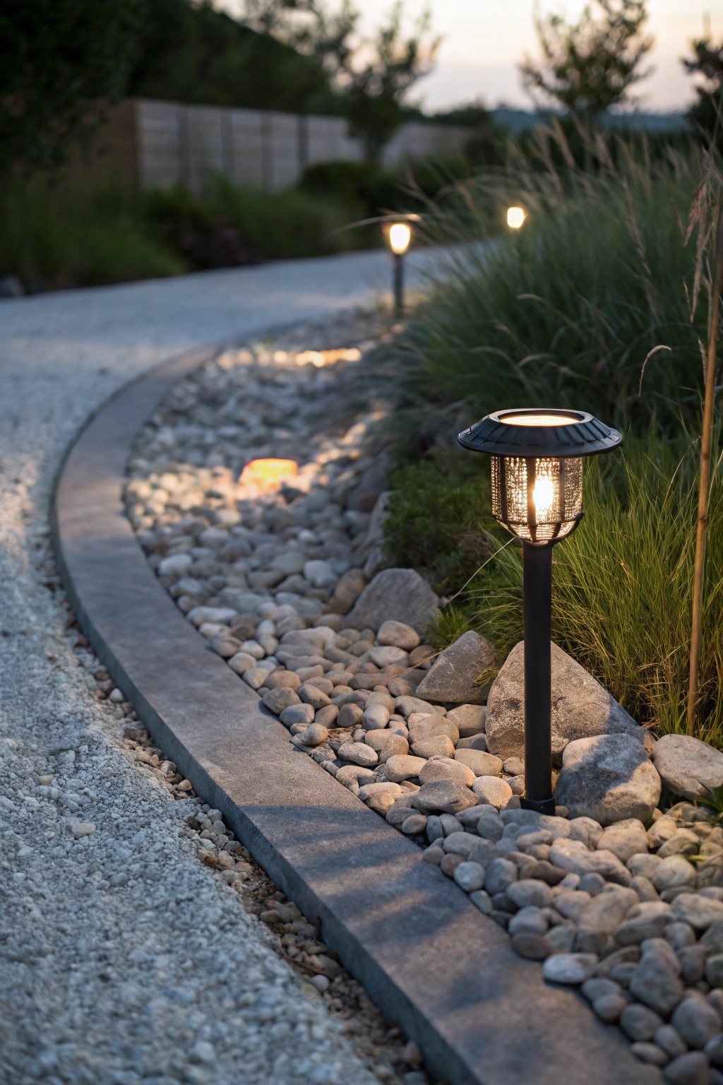 Elevate your gravel driveway with simple, beautiful lighting for a magical evening glow.