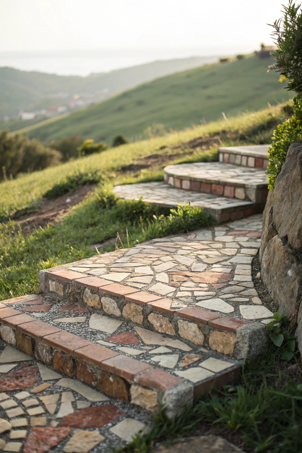 Handcrafted mosaic patio step: budget-friendly beauty for your hillside retreat.