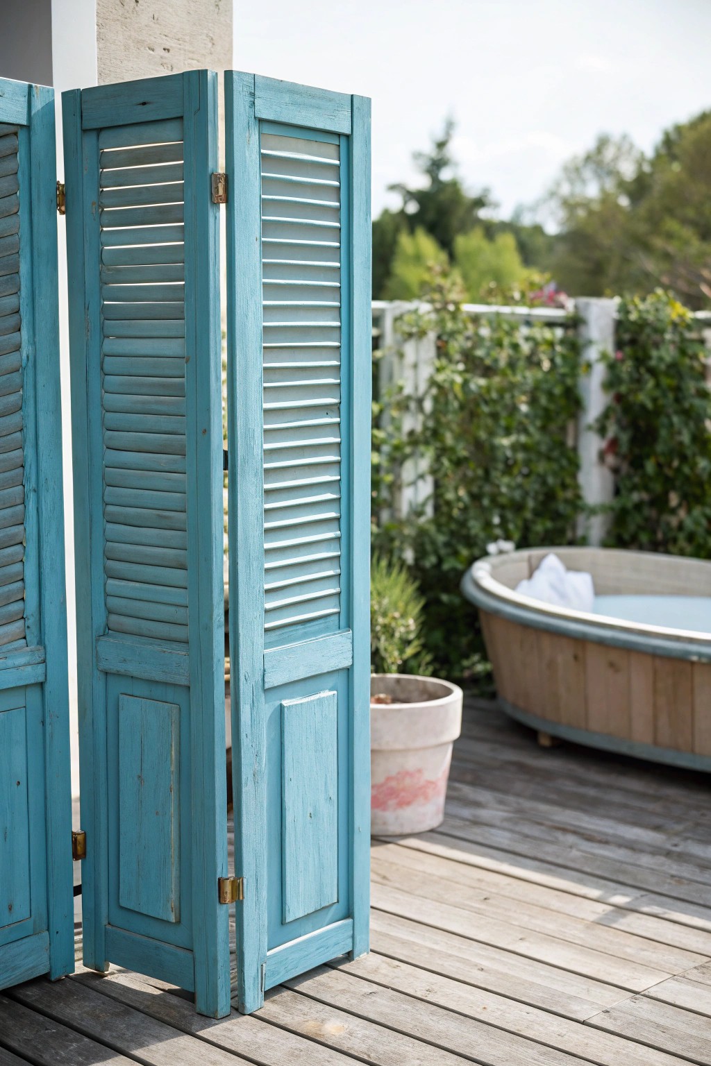 Bright blue repurposed shutters—simple, stylish privacy for your hot tub retreat.