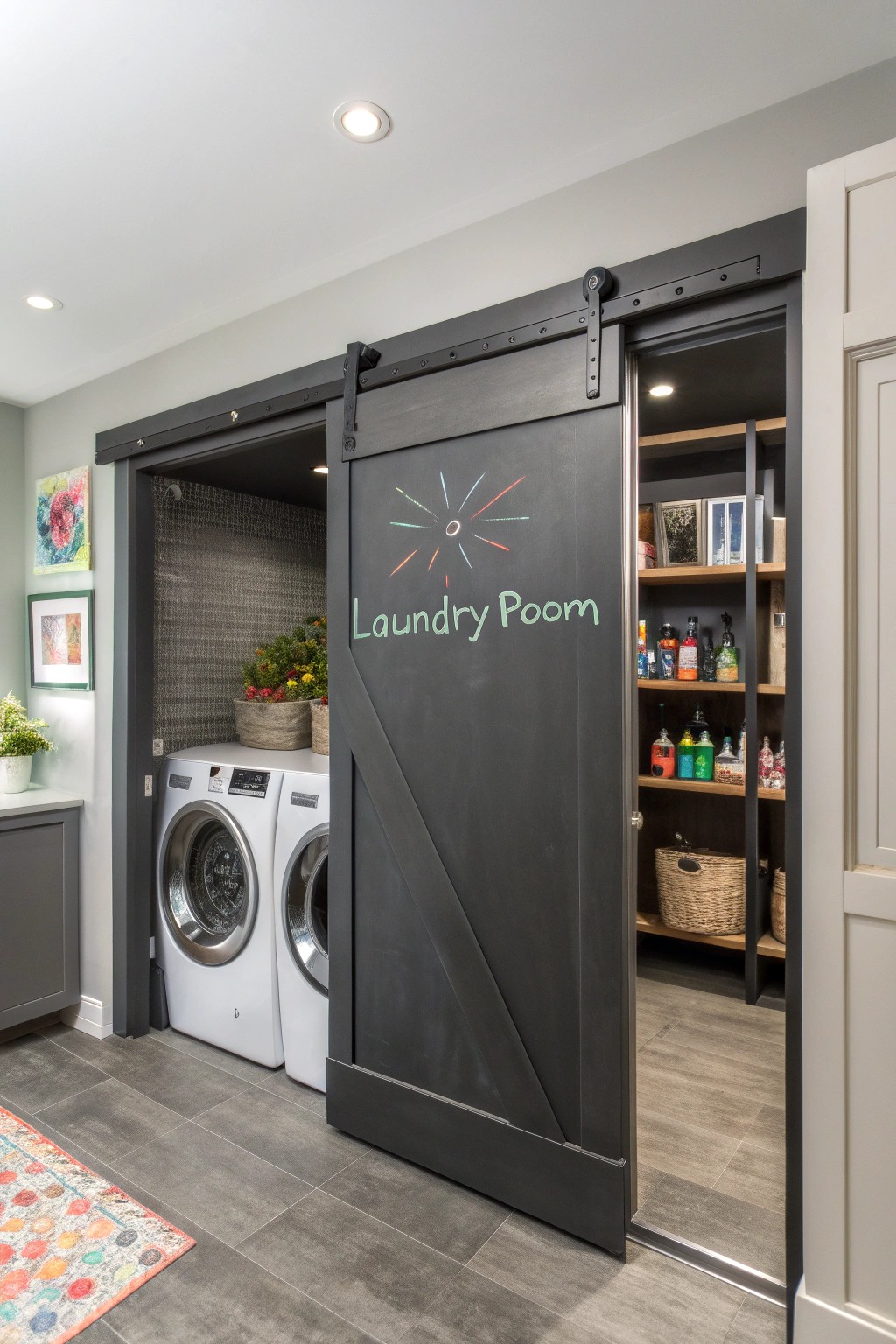 Sliding doors maximize usable area and add a touch of architectural charm.