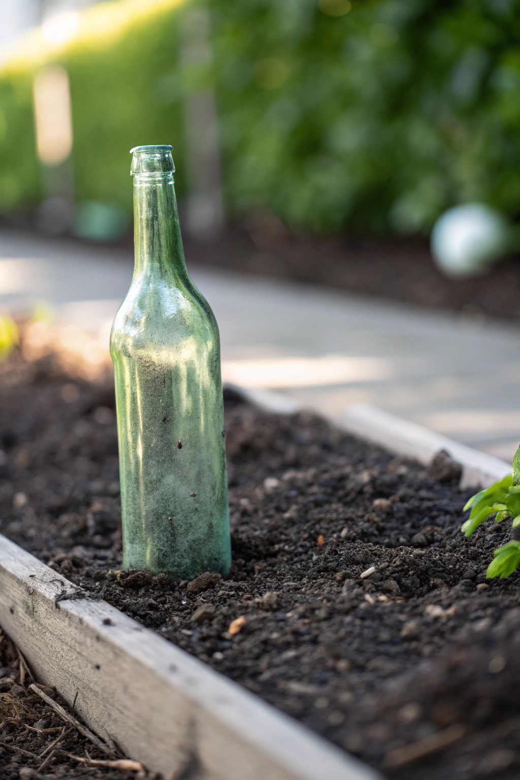 Modern garden edging: A single recycled glass bottle, where sustainability meets style.